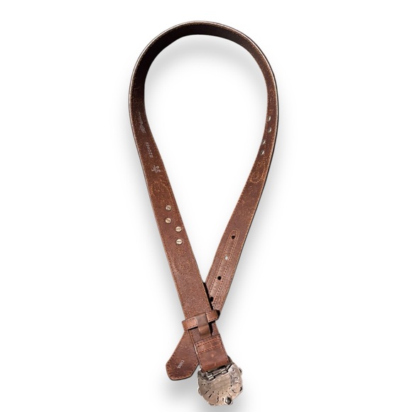 BRIGHTON Brown Leather Belt Blue Enameled Flowers Buckle w/ Embroidery &… - Picture 3 of 5